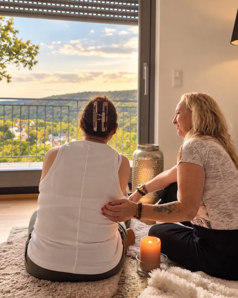Nicole begleitet eine geführte 1:1 Meditation mit Blick ins Grüne